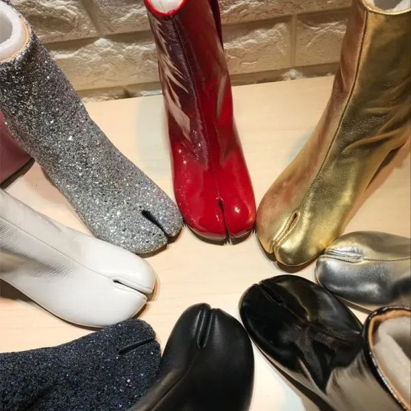 Tabi botas de couro genuíno de couro circular de dedão de dedão elástico de tornozelo com lantejous glitter para sapatos de calcanhar de salto alto festas de sapatos femininos