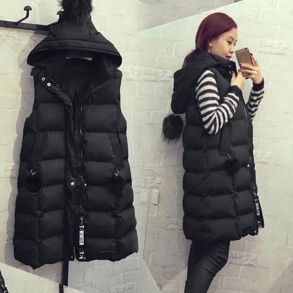 Kadın Yelekler Sonbahar Kış Kadınlar Siyah Kapşonlu Uzun Parkas Yelek Moda Bıçağı Palta Parka Bayanlar Kolsuz Çemberler