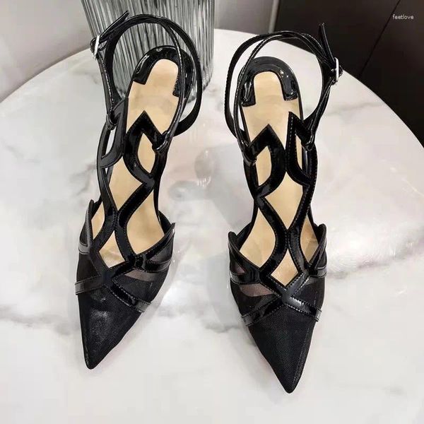 Сандалии, летние черные сетчатые дышащие туфли с острым носком, тонкие туфли на высоком каблуке, банкетное платье из натуральной кожи для женщин