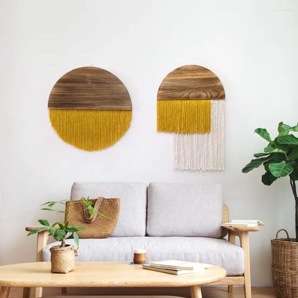 Wandteppiche, handgefertigt, Vintage-Stil, nordischer Stil, halbrunder Holzkunst-Hängeteppich mit buntem Baumwollseil, Wanddekoration für Wohnzimmer