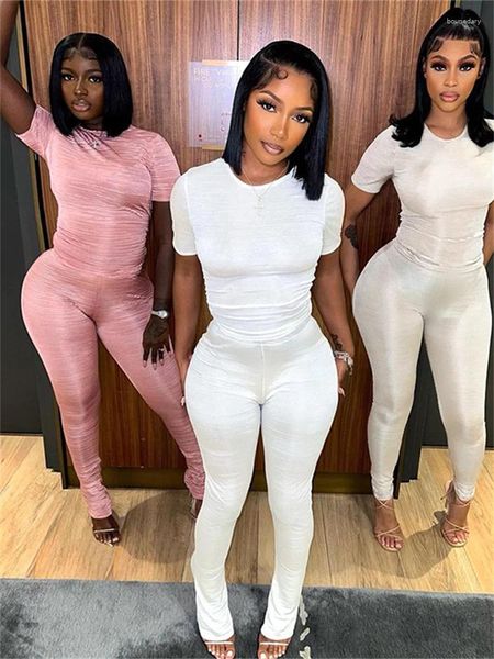 Calças femininas de duas peças Tracksuits Soild Outfits Mulheres 2 Conjuntos Manga Curta O Pescoço Tops Skinny Branco Rosa Leggings Combinando Ternos 2023