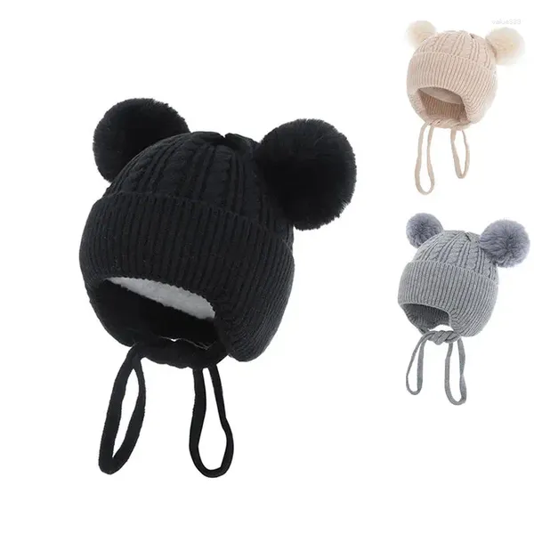 Berets Design Knit Baby Winter Jacquard Kids Faux Fur Pom Beanie Chapéu Com Corda