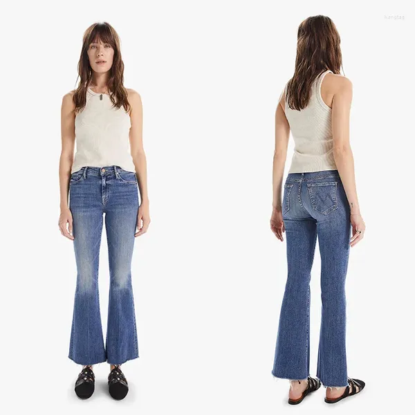 Женские джинсы EOS 2023, ранняя весна, средняя длина, синие брюки Micro-lab со средней талией, тонкая мягкая меховая кромка, девять точек