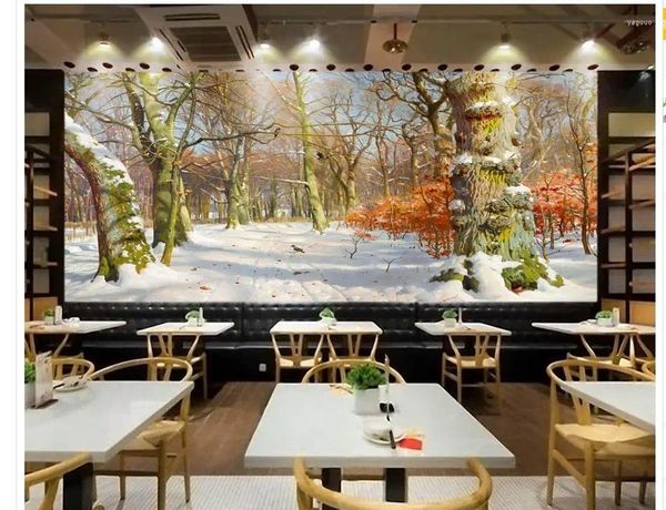 Tapeten Po Anpassen der Größe Schöne verschneite Winterwälder Blattölgemälde Hintergrundwand Modernes Wohnzimmer