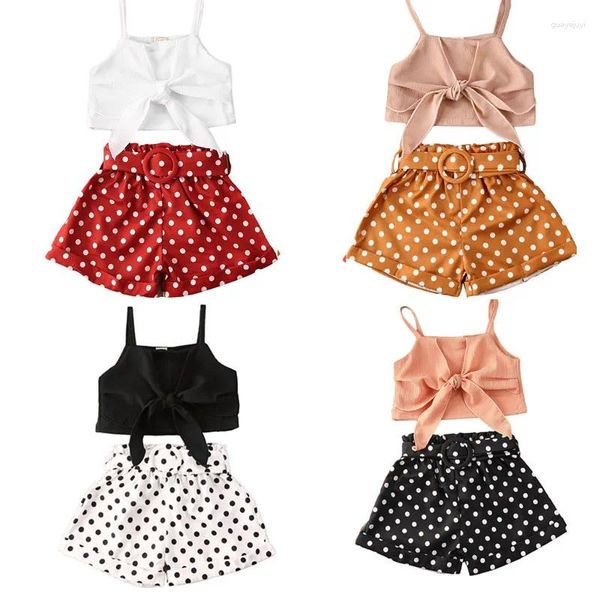 Conjuntos de roupas verão criança bebê menina roupas cor sólida cinta bowknot colheita topos bolinhas curto 2 pçs roupas meninas 1-6y