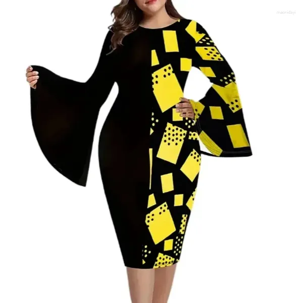 Sıradan Elbiseler Kadınlar Artı Beden Elbise Kilise İşi Bodycon Alevli Kol Yuvarlak Boyun 5xl Patchwork Peplum Curvy Kalem