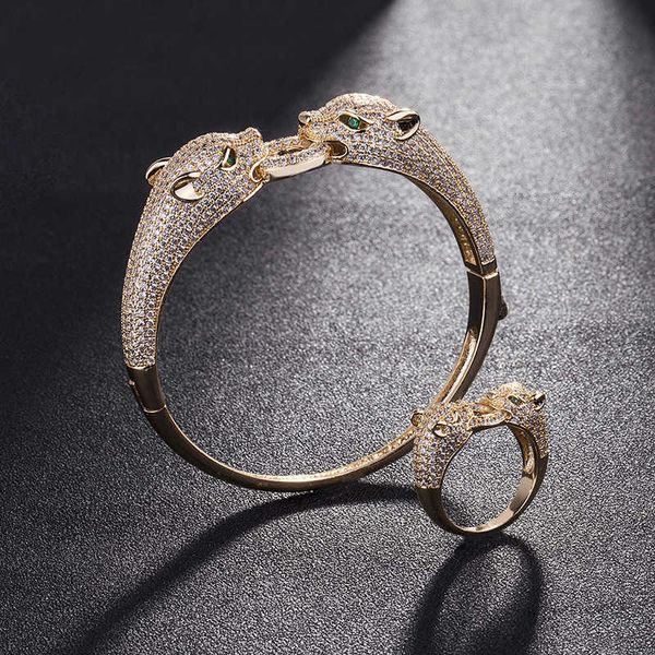 Bracciale rigido di design per donna e uomo Bracciale leopardato con doppia testa di diamanti Versione zodiacale in bronzo Moda esagerata con scatola originale