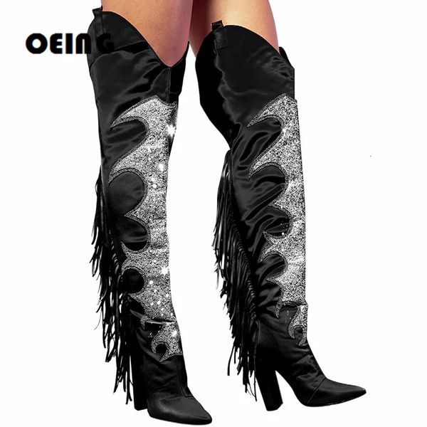 Botas femininas coxa alta bloco salto apontado dedo do pé lantejoulas franja sexy boate cowboy volta zip sapatos botas de mujer 231030