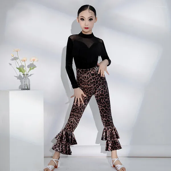 Bühnenkleidung Winter Ballsaal Tanzwettbewerb Kostüm Mädchen Schwarz Latin Top Leopard Hosen Kinder Performance Kleidung SL9353