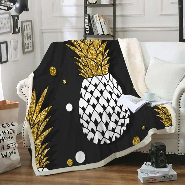 Decken Ananas-Sherpa-Fleecedecke, Goldfrucht-Pelzüberwurf und schwarze weiche Tagesdecken auf dem Schlafsofa, luxuriös