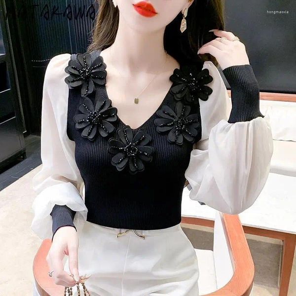 Frauen Blusen Matakawa Gestrickte Blusas Mujer Blumen Puff Hülse Frühling Herbst Frauen Koreanische Mode Vintage Schlanke Elegante Shirts