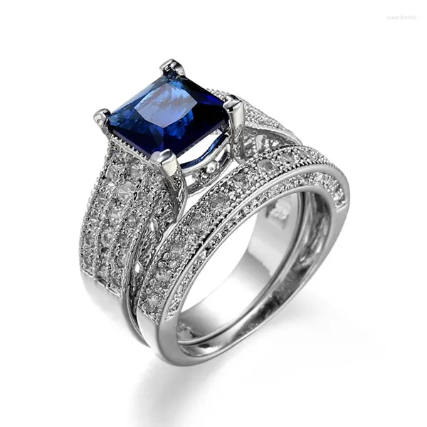 Cluster-Ringe für Paare, weiß vergoldet, Prinzessinnenschliff, blauer Saphir, Zirkonia, Verlobungsring, Ehering-Set