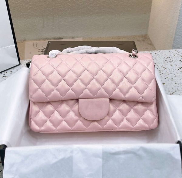 2023 Borse a doppia patta classiche rosa perlato iridescente con catena in metallo argentato Borsa a tracolla con tracolla di lusso Designer Tote Borse multi pochette 25 cm