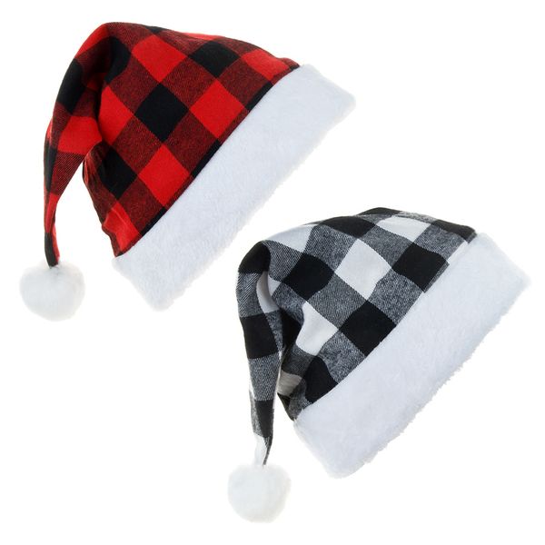 Noel dekorasyon partisi şenlikli şapka kırmızı siyah beyaz peluş ızgara Noel şapkası