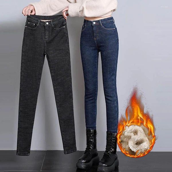 Kadınlar Kot Koyu Mavi Plus Kadife Sıska Kadınlar Kış Moda Streç Yüksek Bel Kalın Termal Femme Büyük Boyut Denim Kalem Pantolon