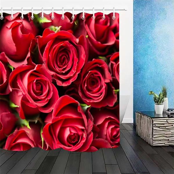 Cortinas de chuveiro 3D Red Rose Banheiro Impressão à prova d'água para sala de estar Conjunto de cortinas Tapetes de banho