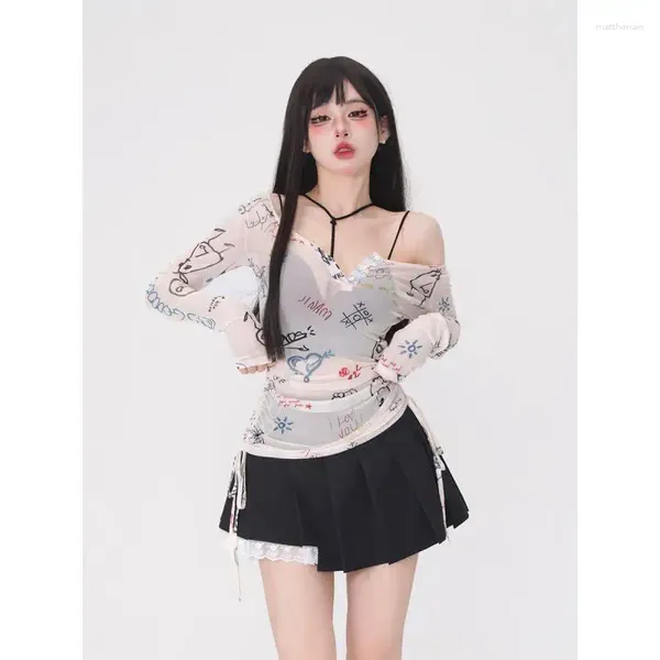 Vestidos de trabalho verão graffiti tule manga longa fino ajuste camiseta feminina topo plissado saia curta picante meninas conjunto de duas peças roupas