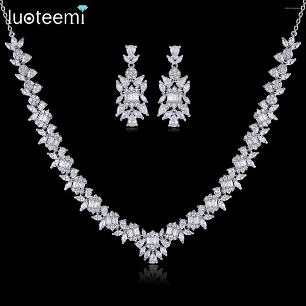 Set di orecchini e collane LUOTEEMI moda coreana CZ gioielli delicati zirconi quadrati a catena piccoli set di gioielli da sposa da sposa