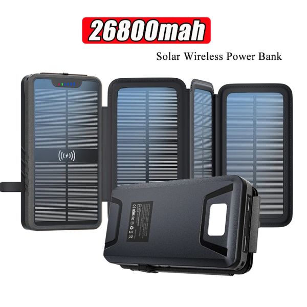 26800mah Solar Güç Bankası Kablosuz Şarj Cihazı Powerbank Taşınabilir Harici Pil Paketi İPhone Xiaomi 9 Huawei Samsung Poverbank