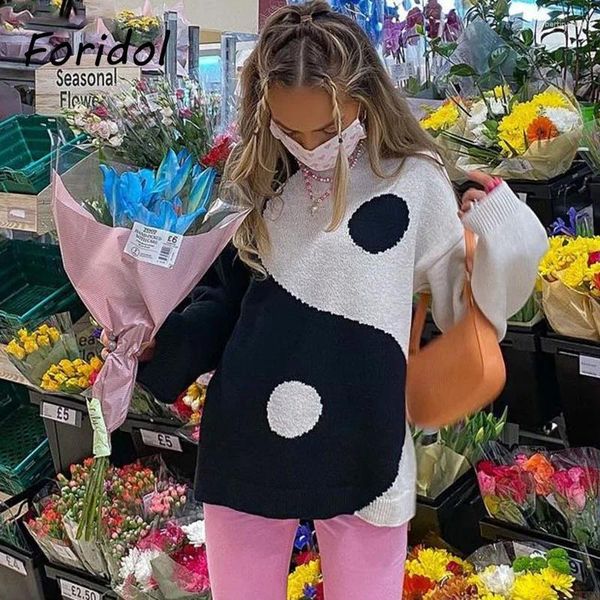 Suéteres femininos Foridol Yin Yang Impresso Camisola Oversized Pull Femme Outono Inverno Casual Impressão Chinesa Branco Preto Jumper 2023 Jersey