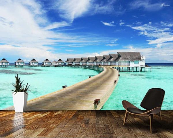 Sfondi Papel De Parede Vista mare Cabine alle Maldive Paesaggio naturale Carta da parati 3d Soggiorno Camera da letto Carte da parati Decorazioni per la casa Murale