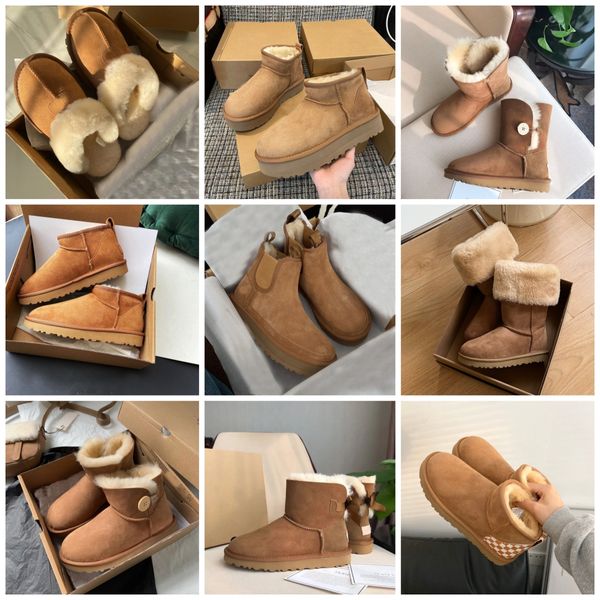 Botas de neve de designer de luxo mulheres australianas bota tasman bailey dune castanha inverno fivela pele neve meio joelho curto senhora pele de carneiro e lã integrada chinelo de cabelo