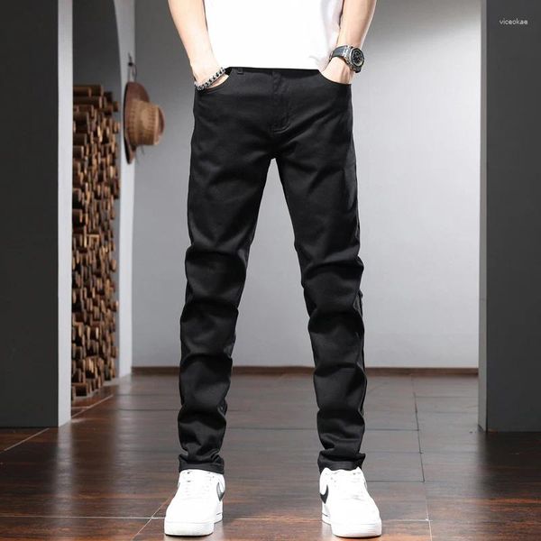 Jeans masculinos verão preto homens casuais slim fit calças jeans retas estilo coreano simples calças de cor sólida