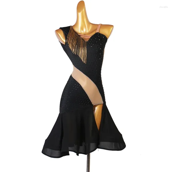 Bühnenkleidung Frauen Schwarz Sexy Latin Tanzkleid 2023 Wettbewerb Tanzrock Erwachsene Standard Rumba Samba