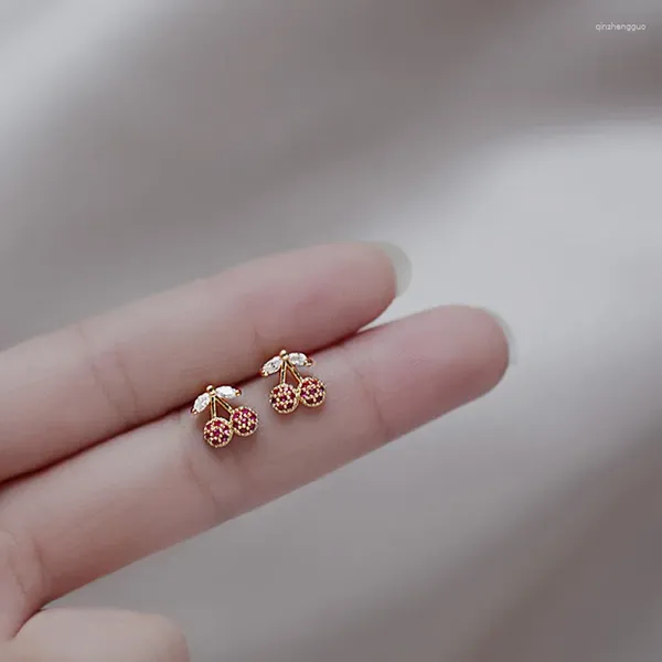 Серьги-гвоздики милые золотые цветные блестящие розовые циркониевые вишни для женщин модные ювелирные аксессуары