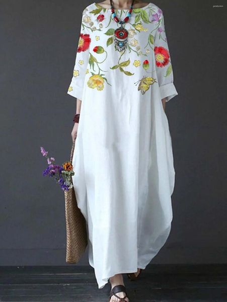 Freizeitkleider Damen-Maxikleid mit Dreiviertelärmeln und Rundhalsausschnitt, locker bedruckt, lang, einfarbig, Übergröße 5XL, Weiß