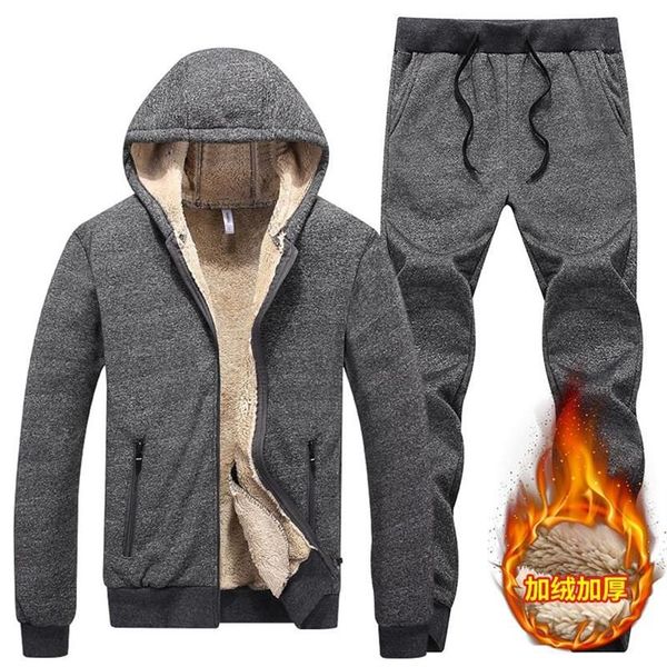 Inverno conjunto masculino quente grosso com capuz calças jaqueta 2pc define cordeiro cashmere hoodies com zíper agasalho homem terno esportivo mais size2693