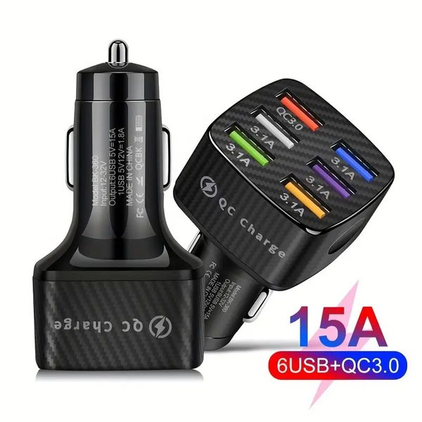 Adattatore per caricabatteria da auto USB 15A a 6 porte QC3.0 a ricarica rapida da 75 W Adattatore per telefono portatile a ricarica rapida per caricabatterie Android