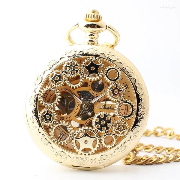 Relógios de bolso de alta qualidade steampunk ouro oco engrenagem relógio mecânico vintage mostrador romano presente masculino com corrente