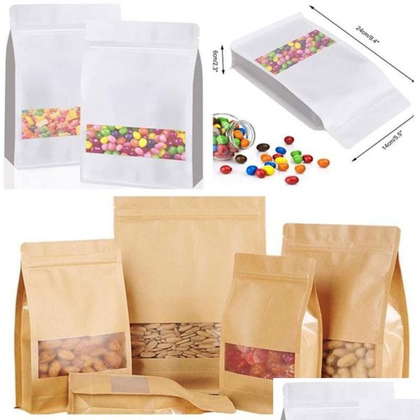 Verpackungsbeutel Großhandel Kraftpapierbeutel Stand Up Aufbewahrungsbeutel Paket mit Fenster zum Aufbewahren von Snacks Tee Tropfen Lieferung Büro Schule B DHE7V