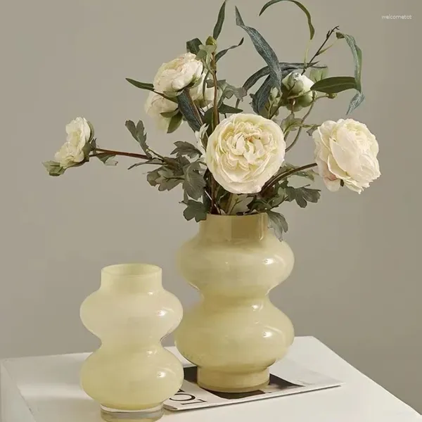 Vasen Französische Retro Milchgelbe Glasvase Wohnzimmer Blumenarrangement Hydroponische Heimdekoration Tischästhetik für Blumen