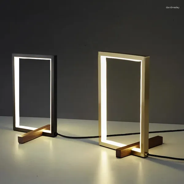 Lampade da tavolo Lampada a LED rettangolare minimalista Lampada da comodino in legno metallo rame El Room Living Desk Luce corpo nero oro