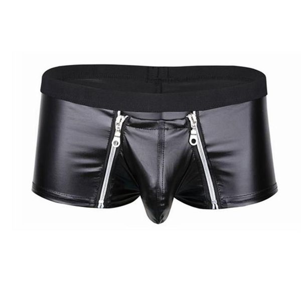 Unterhosen Herren Dessous Kunstleder Unterwäsche Bulge Beutel mit doppeltem Reißverschluss Verschluss Boxer Briefs Low Rise Sexy Männliche Höschen235J