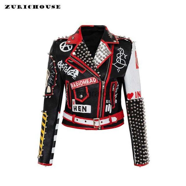 Kadınlar deri sahte deri kaya punk motosiklet deri ceket kadınlar 2023 trend metal perçinler sokak kıyafeti grafiti baskı sahte deri kırpılmış ceket s-xxxl yq231030