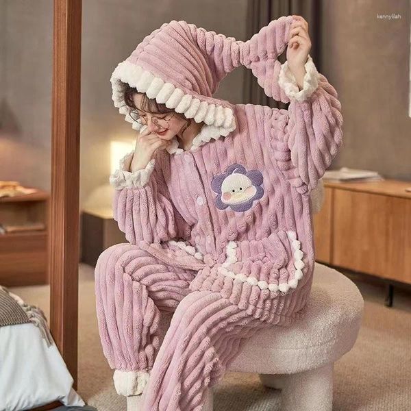 Mulheres Sleepwear Coral Velvt Pijama Define Mulheres Quente Grosso Com Capuz Doce Bonito Meninas Inverno Casa Roupas Homewear Feminino Pijama Ternos