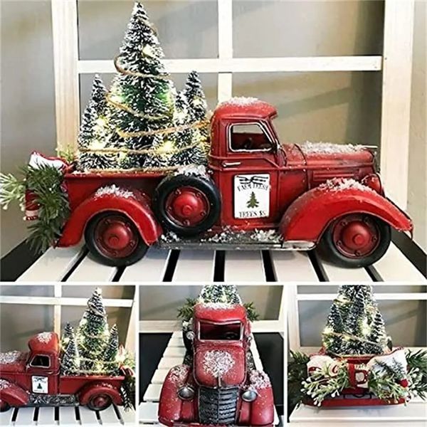 Deko-Objekte, Figuren, Weihnachts-LKW, roter Bauernhof, Dekoration, Vintage-Pickup-Auto aus Metall, Modell mit Bäumen, für Heimdekorationen 231030