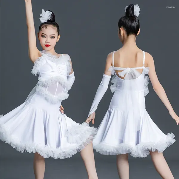 Сценическая одежда, белое платье для латинских танцев, стандартная одежда для девочек, костюм без рукавов для бальных танцев, румбы, танго, VDB7407