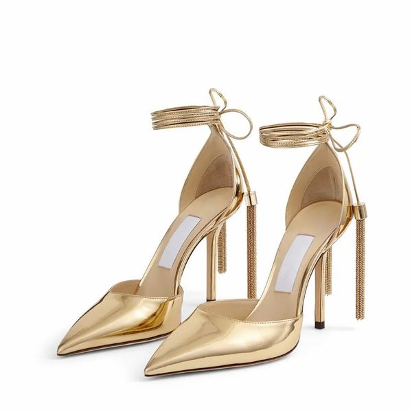 Jimmyness Choo Designer Sandalen Damen Pumps Mode Gold Schwarz Leder Lange Quasten Knöchelriemen Spitze Zehen Design Italien Klassisches Abendkleid Sandale High Heels