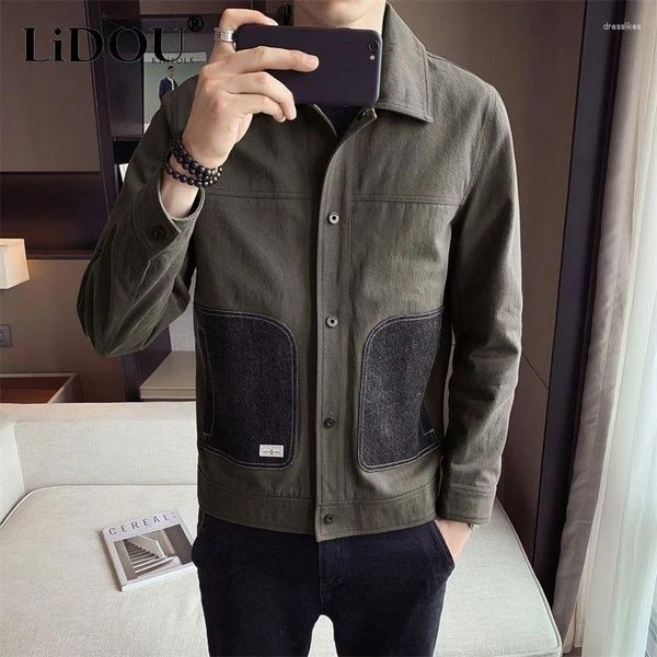 Herrenjacken 2023 Frühling Herbst Einfarbig Mode Umlegekragen Langarmjacke Mann Koreanischer Stil Knopftaschen All-Match-Outwear