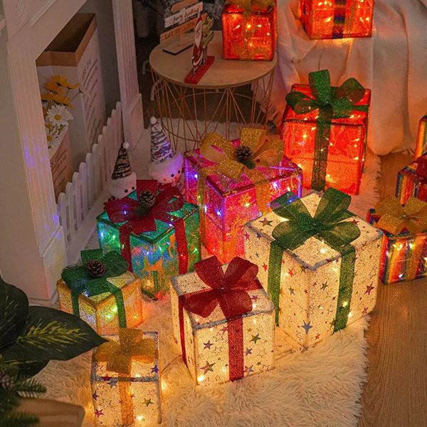 Weihnachtsdekorationen, Geschenkbox, Ornamente mit Licht, Baumschmuck, leuchtende, schmiedeeiserne, hohle Jahresdekoration 231030