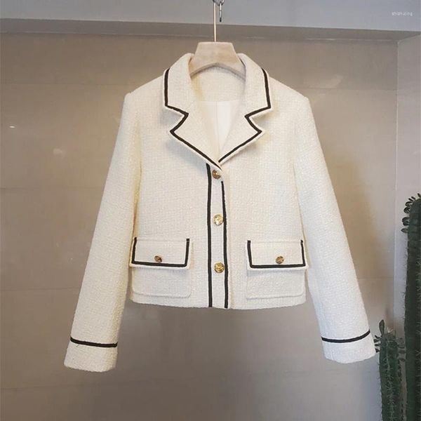 Jaquetas femininas vintage branco preto retalhos casaco feminino 2023 outono moda coreana elegante tweed jaqueta feminina roupas de inverno