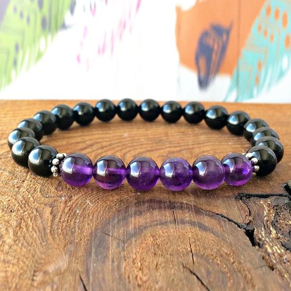 Link Armbänder Großhandel 8mm A Grade Amethys T Kristalle Handgelenk Mala Armband Schwarzer Onyx Naturstein Erdung Wurzelchakra