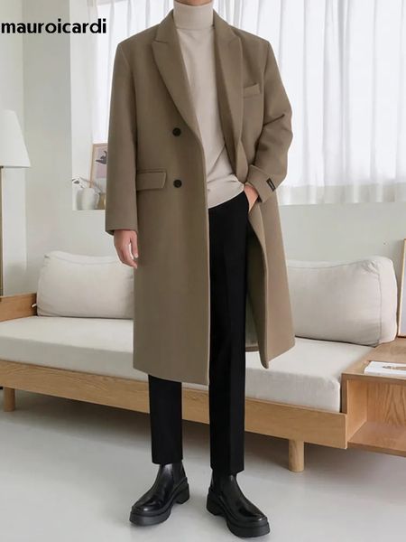 Мужское полушерстяное пальто Mauroicardi, осенне-зимнее длинное теплое светло-коричневое черное шерстяное пальто, мужское двубортное пальто в корейском стиле с разрезом сзади 231027