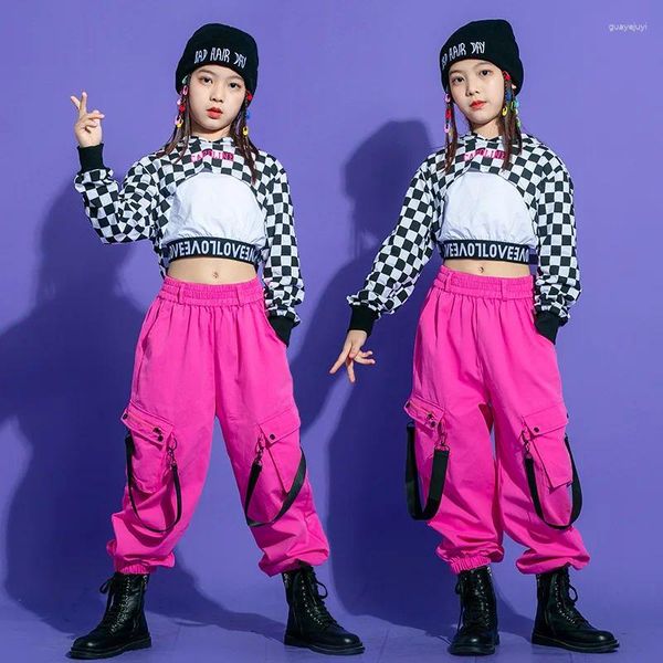 Conjuntos de roupas hip hop meninas xadrez hoodies rosa calças de carga crianças colheita topo corredores rua dança roupas conjunto criança jazz streetwear palco