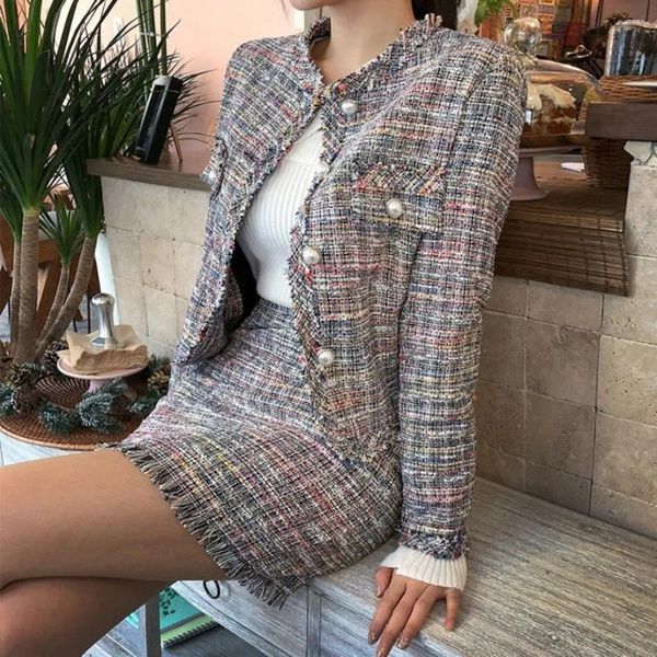 Abiti da lavoro Eleganti Set da donna Gonne Donna Chic Stile vintage O-Collo Maniche lunghe Bottone in perla Giacca in tweed Minigonna sexy 2 pezzi