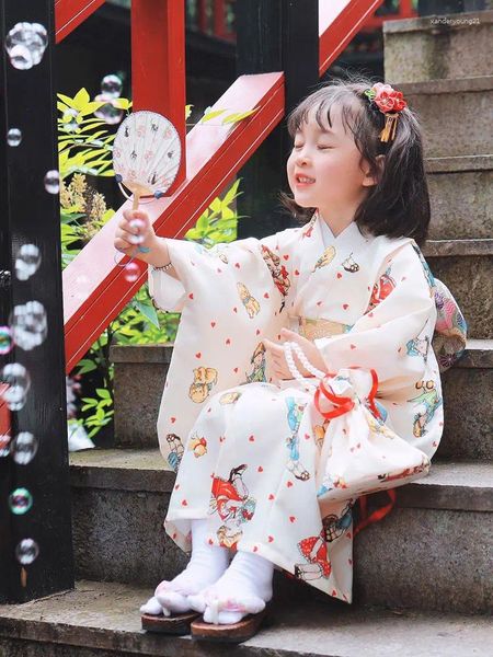 Etnik Giyim Japonya Tarzı Kızın Geleneksel Kimono Çiçek Baskıları Çocuklar Yaz Elbise Çocuk Sahnesi Yiyecek Yiyecek Yukata